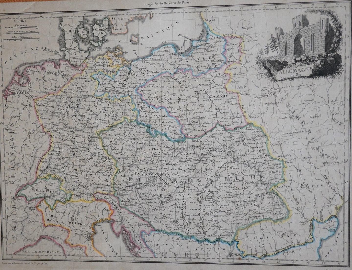 Six 19th century hand coloured maps of the UK and Europe, to include J B Tardeu, ‘Italie and Turquie’, ‘Allemagne’,1812 and ‘Angleterre’, each 24 x 32cm. Condition - fair, one with cracked glass